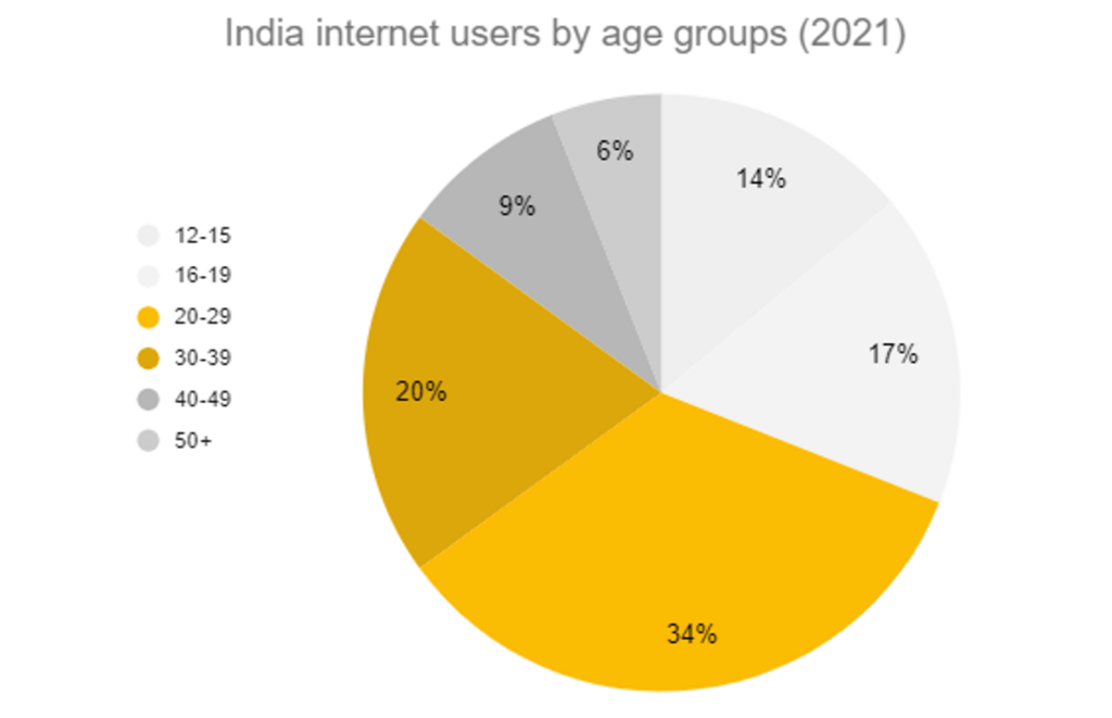 India Internet users by age groups 2021