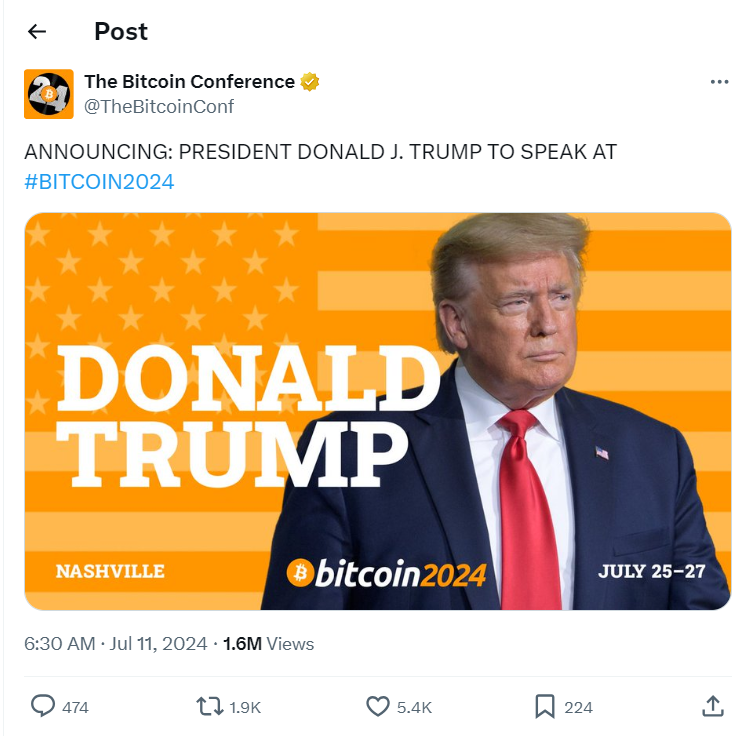 market donald trump speaks at Bitcoin 2024