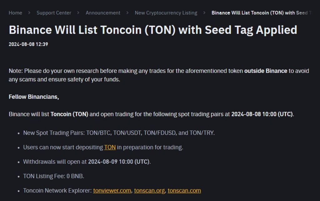 Binance will list Toncoin